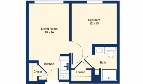 Floor plan of a one-bedroom apartment at Allerton House Weymouth showing a living room measuring 10 by 14 feet, a bedroom measuring 12 by 10 feet, a kitchen, a bathroom with a bathtub, toilet, and sink, and two closets.