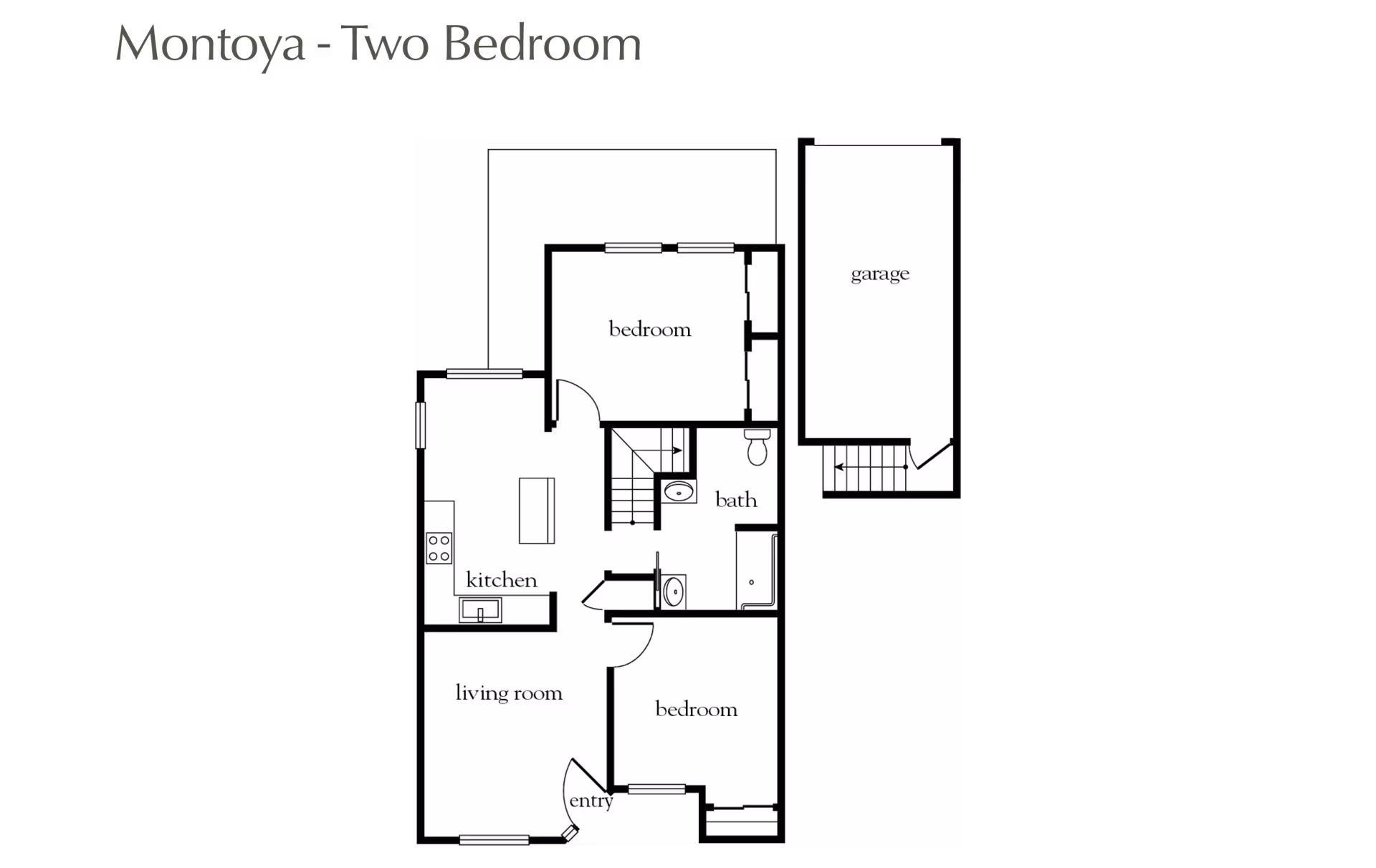 Floor plan labeled Montoya - Two Bedroom showing layout with two bedrooms, a kitchen, living room, bathroom, entry, and garage.