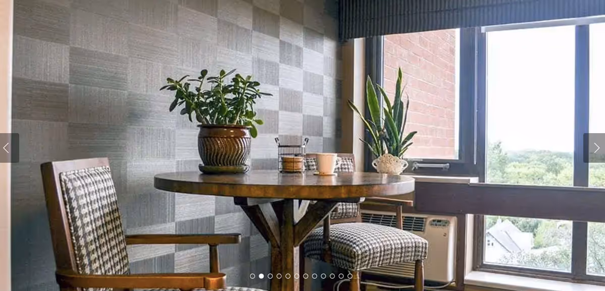 A small round wooden table with two cushioned chairs featuring a checkered pattern, placed near a large window with a view of trees and rooftops. On the table, there is a potted plant, a cup, and a small container. Another potted plant is on the windowsill. The wall behind the table has a textured, checkered pattern wallpaper.