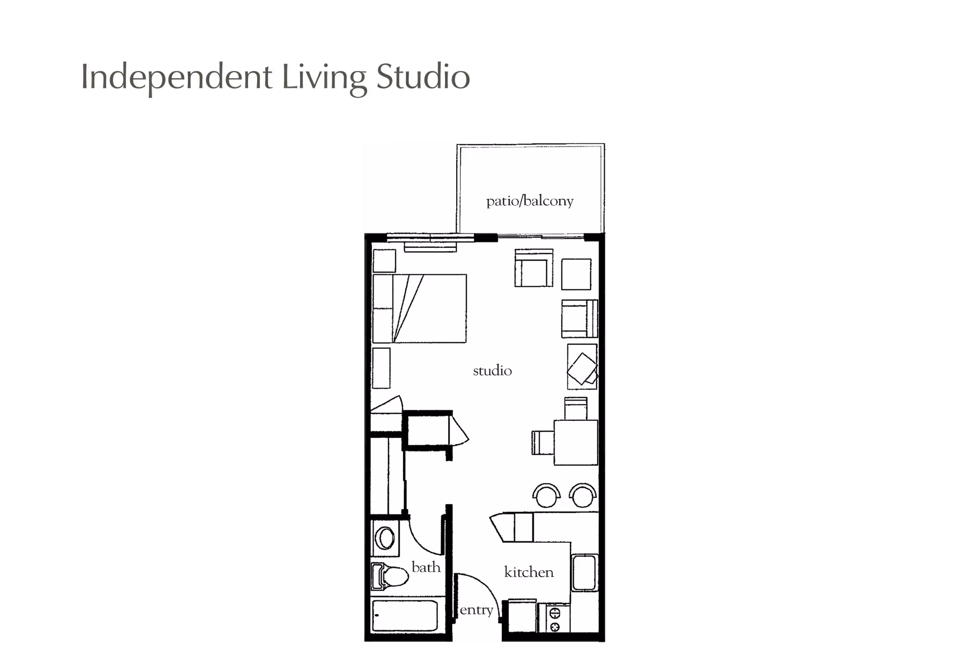 Floor plan drawing of an independent living studio apartment showing a studio area, kitchen, bath, entry, and patio/balcony.