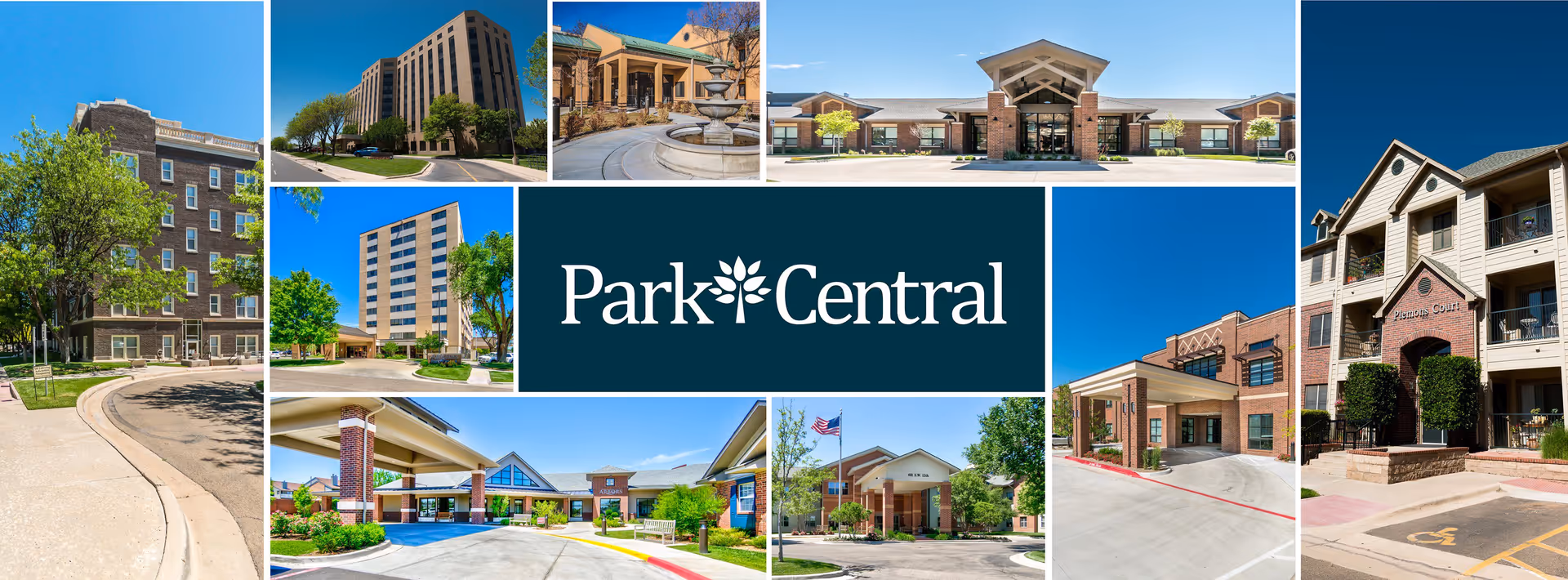 Collage of exterior views of multiple senior living facility buildings under clear blue skies, with a central logo reading 'Park Central'. The buildings vary in architectural style, including multi-story brick and modern designs, surrounded by trees, sidewalks, and parking areas.