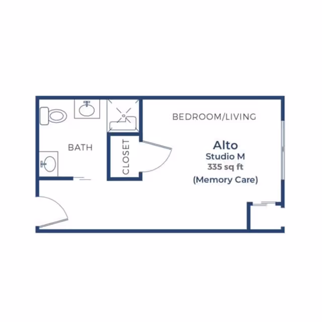 Floor plan of a studio apartment named Alto Studio M with 335 square feet designed for memory care. The layout includes a combined bedroom and living area, a bathroom with a toilet and sink, and a closet near the entrance to the bathroom.