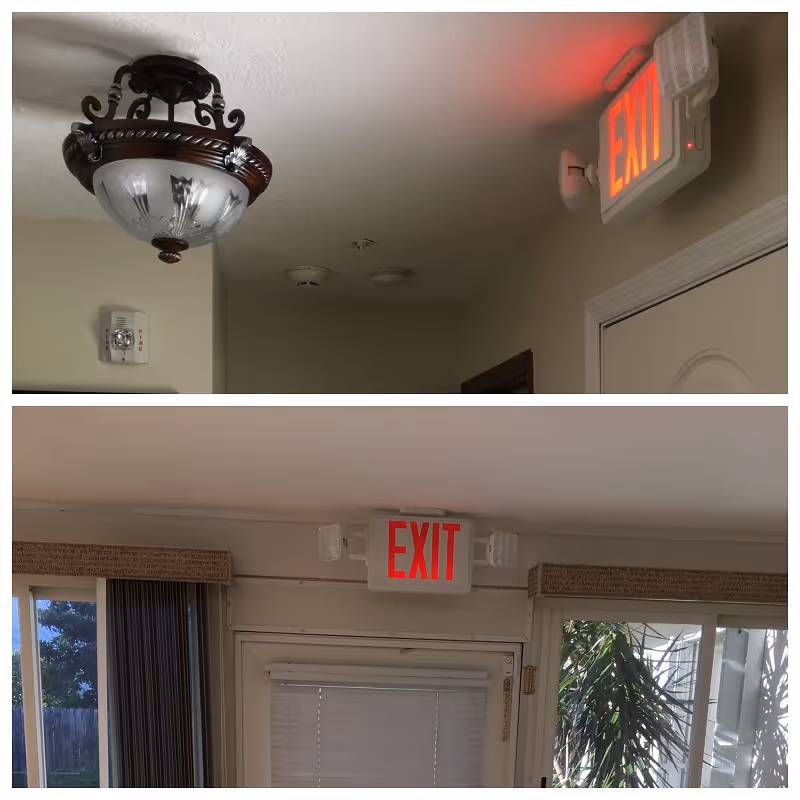 Two images showing illuminated red EXIT signs inside a building. The top image shows an EXIT sign mounted above a door with a decorative ceiling light fixture nearby. The bottom image shows an EXIT sign above a glass door with window blinds and plants visible outside.