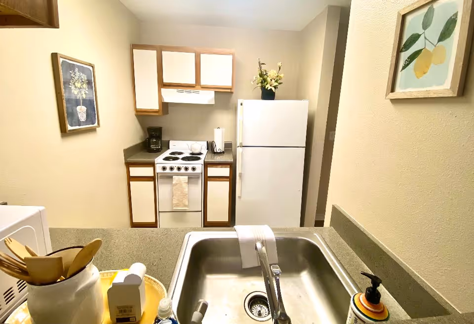 A small kitchen area with a white refrigerator, electric stove with oven, and upper and lower cabinets. A stainless steel sink with a faucet is in the foreground, along with a soap dispenser and a container holding wooden utensils. The walls are decorated with framed pictures of flowers and lemons.