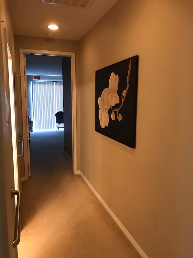 Carpeted beige hallway with a floral wall painting leading to a room with vertical blinds and a chair.