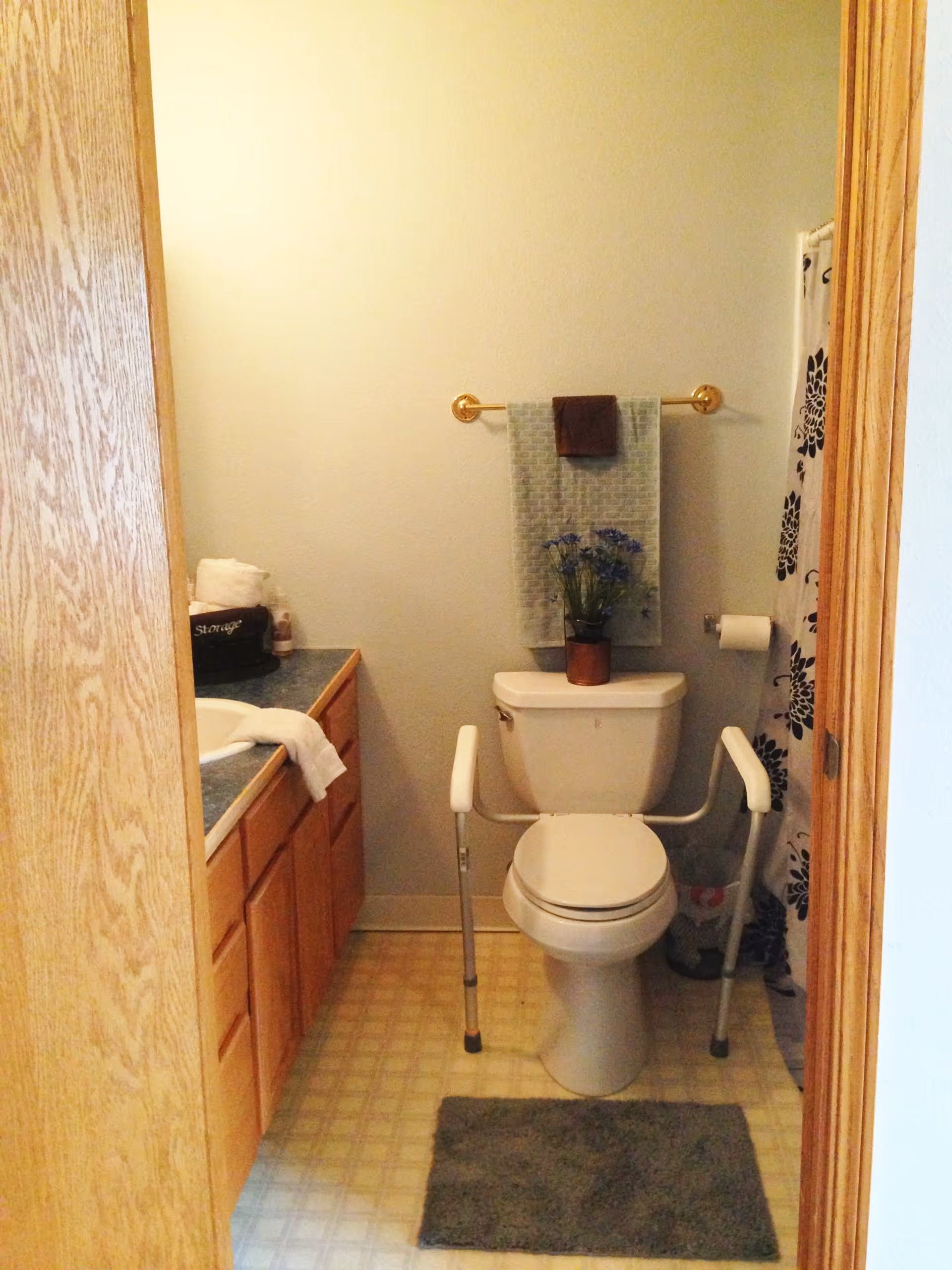 A small bathroom with a white toilet equipped with safety rails on both sides. Above the toilet is a towel rack holding two towels, and a small potted plant is placed on the toilet tank. To the left is a wooden vanity with a sink, countertop, and storage drawers. A gray bath mat is on the floor in front of the toilet, and a shower curtain with a floral pattern is partially visible on the right side.