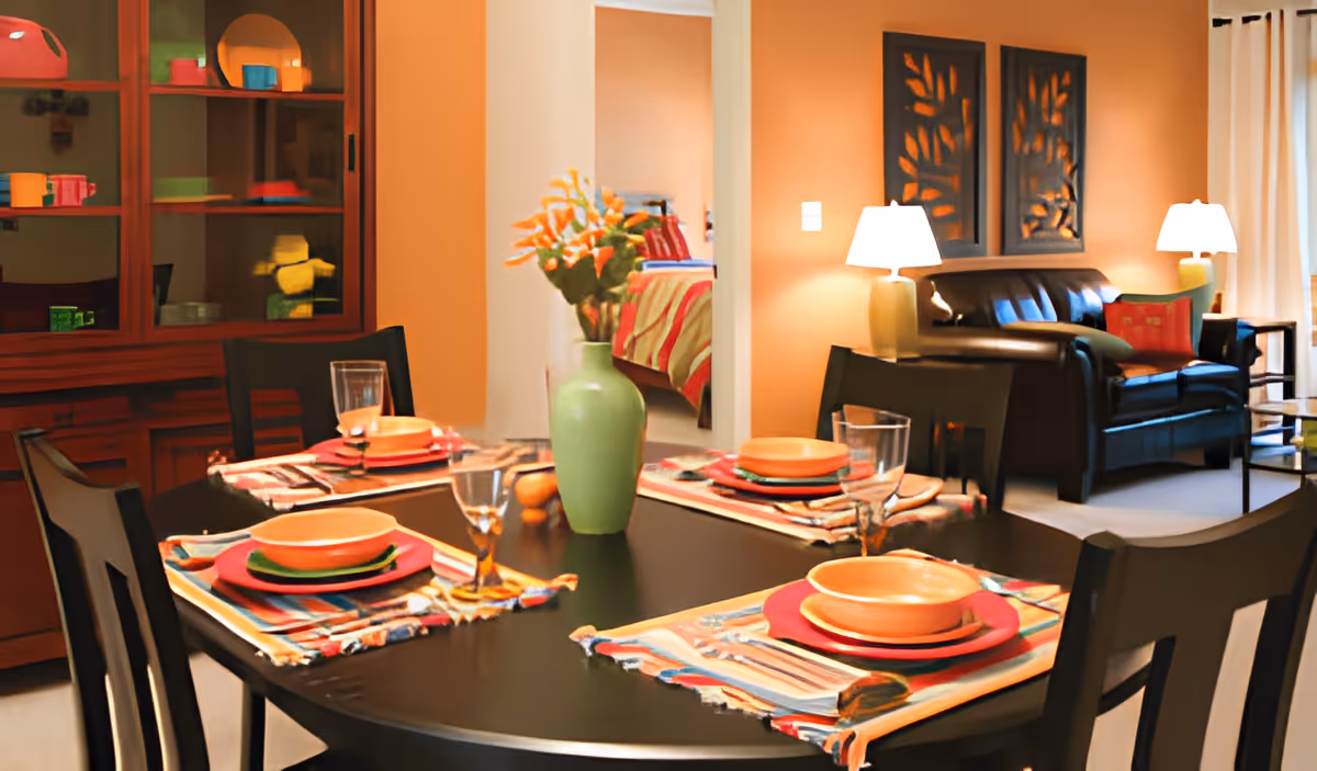 A dining table set for four with colorful plates, bowls, and glasses on striped placemats. A green vase with orange flowers is centered on the table. In the background, there is a living area with a black leather couch, two lit table lamps, and wall art. A bedroom with a bed and striped bedding is visible through an open doorway.