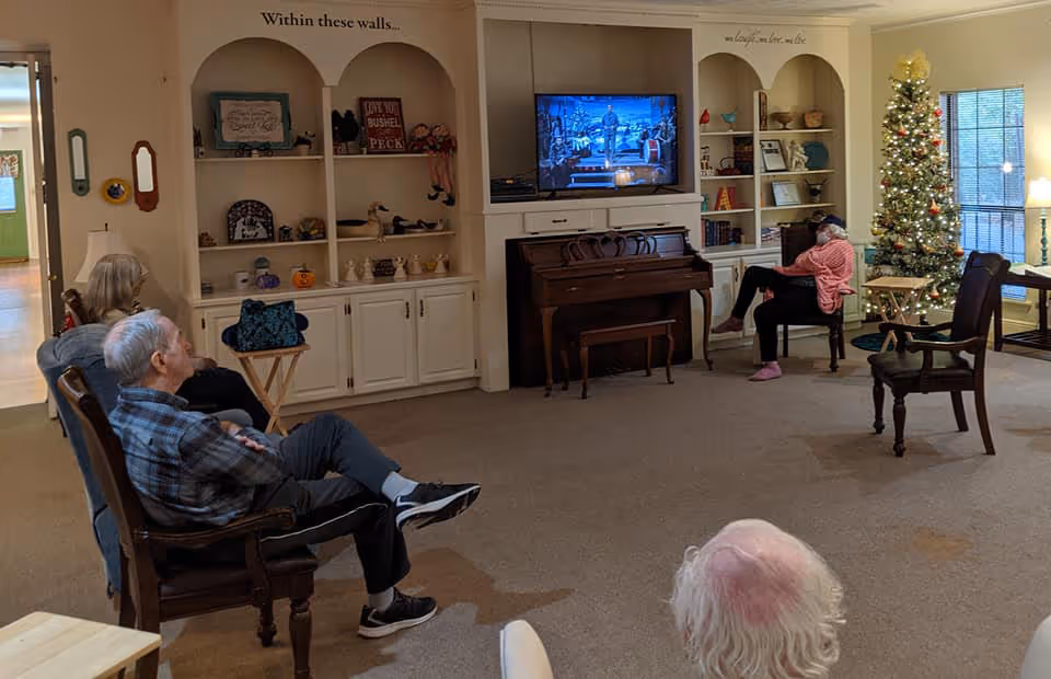 A group of elderly people seated in a living room area watching a television mounted above a piano. The room is decorated with shelves holding various ornaments and a Christmas tree with lights and ornaments near a window. The atmosphere appears cozy and communal.