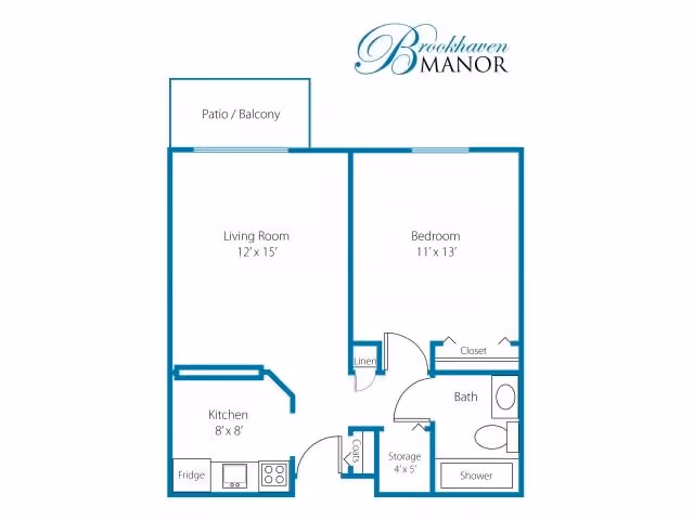 Floor plan of an apartment at Brookhaven Manor showing a patio/balcony, living room measuring 12 by 15 feet, bedroom measuring 11 by 13 feet, kitchen measuring 8 by 8 feet with fridge and stove, bathroom with shower and toilet, linen closet, storage area measuring 4 by 5 feet, and an entry closet.