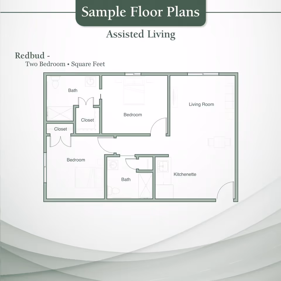Floor plan for a two-bedroom assisted living unit named Redbud, showing two bedrooms, two bathrooms, closets, a living room, and a kitchenette.
