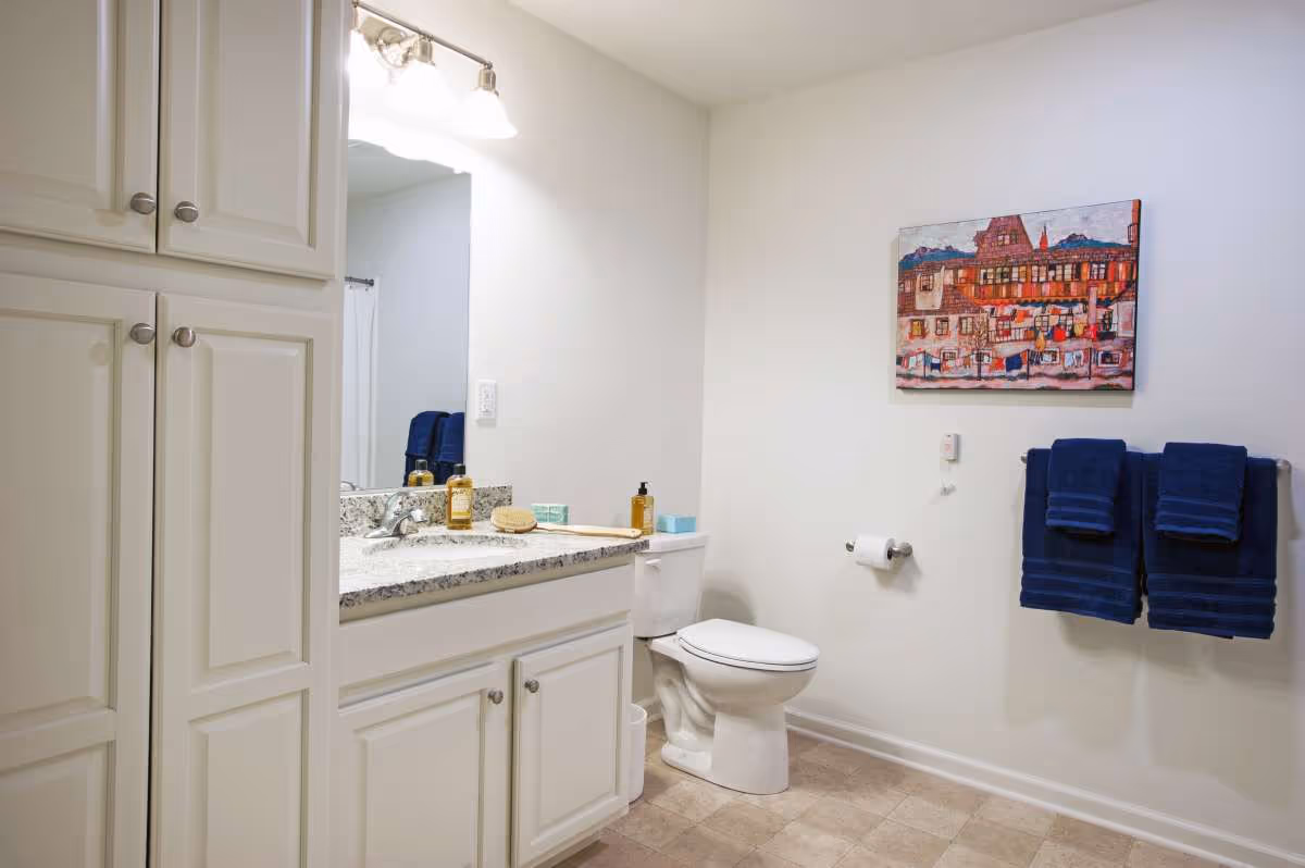 A clean bathroom with white cabinets, a granite countertop with a sink, a toilet, and two navy blue towels hanging on a wall-mounted towel rack. Above the towels is a colorful painting of a building. The bathroom has beige tiled flooring and white walls.