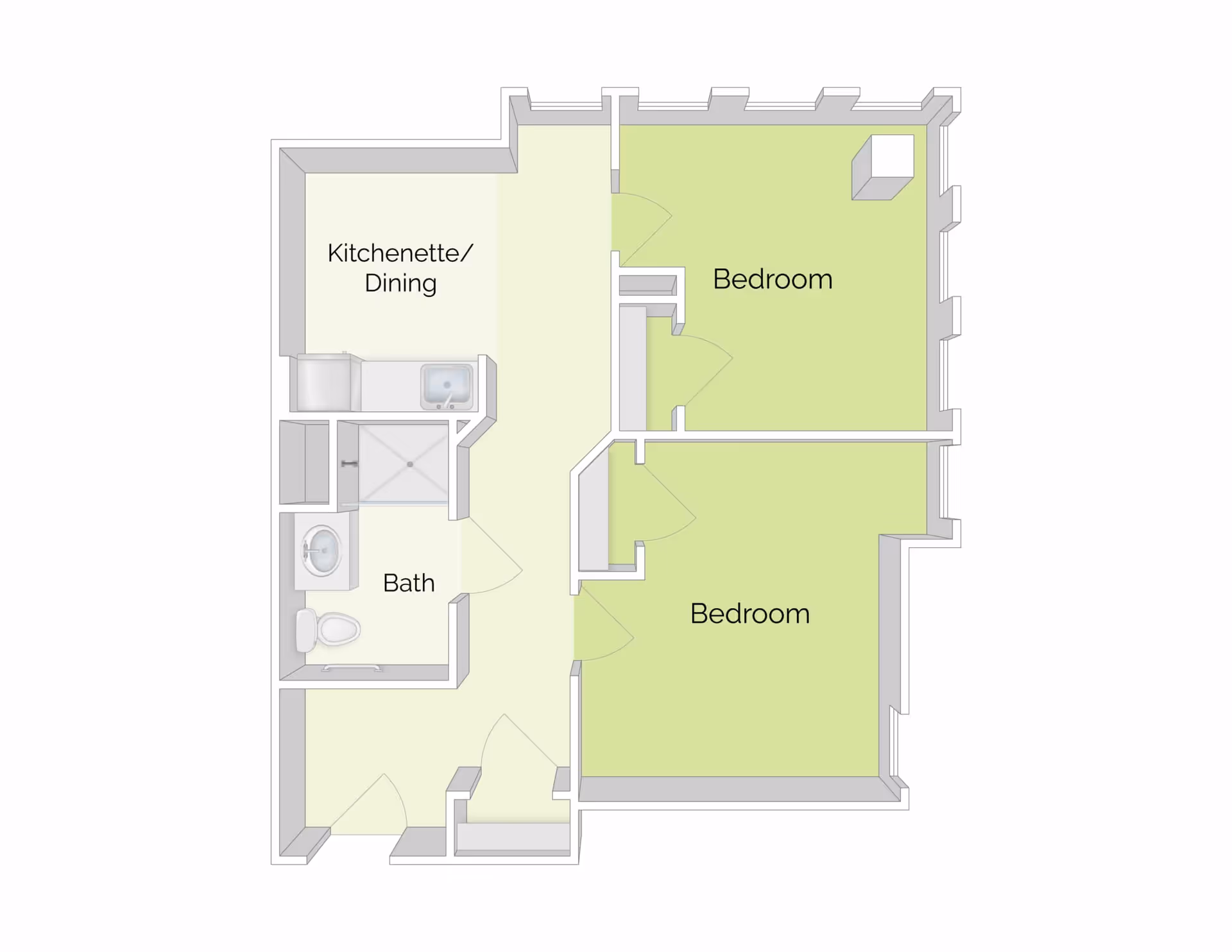 Floor plan of a living space at The Residence at Selleck's Woods showing two bedrooms, a bath, and a kitchenette/dining area.