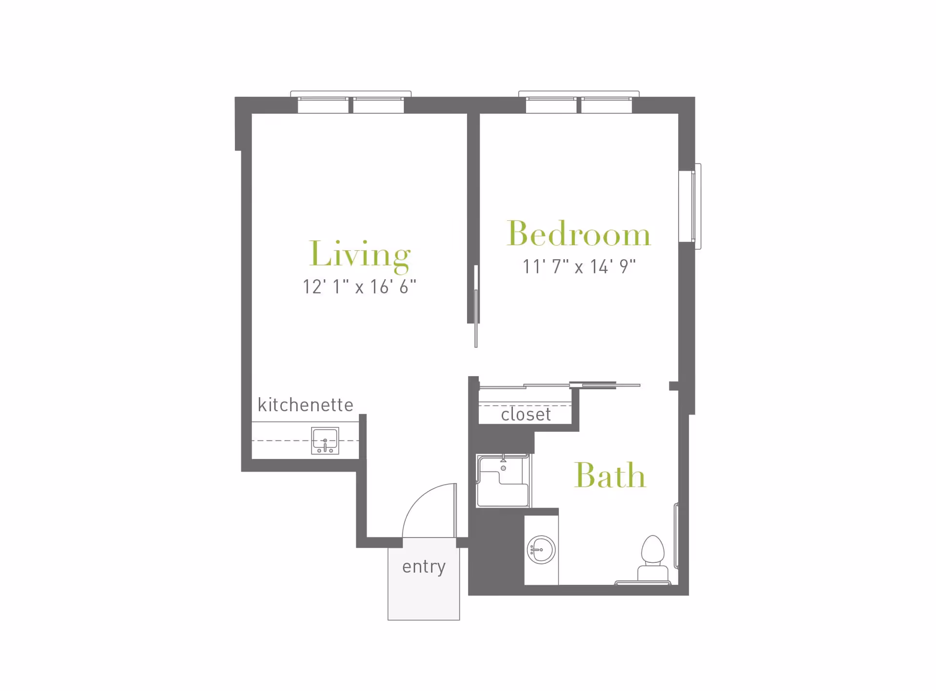 Floor plan of a one-bedroom apartment at Clearwater Pinnacle Peak showing a living area with kitchenette, a bedroom, a bathroom, a closet, and an entryway with dimensions labeled.