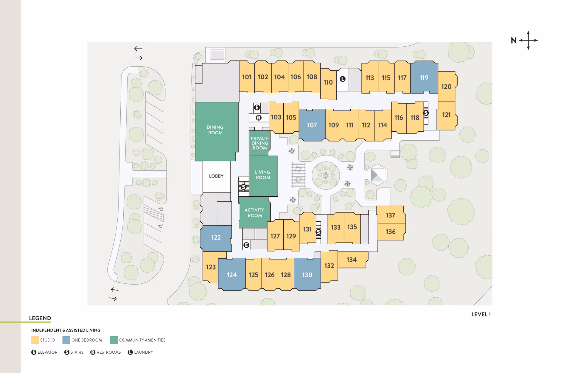 Floor plan of Atria Summit Ridge Level 1 showing independent and assisted living units including studios and one-bedroom apartments, community amenities such as dining room, private dining room, living room, and activity room, with elevators, stairs, restrooms, and laundry areas marked. The layout includes parking and surrounding greenery.