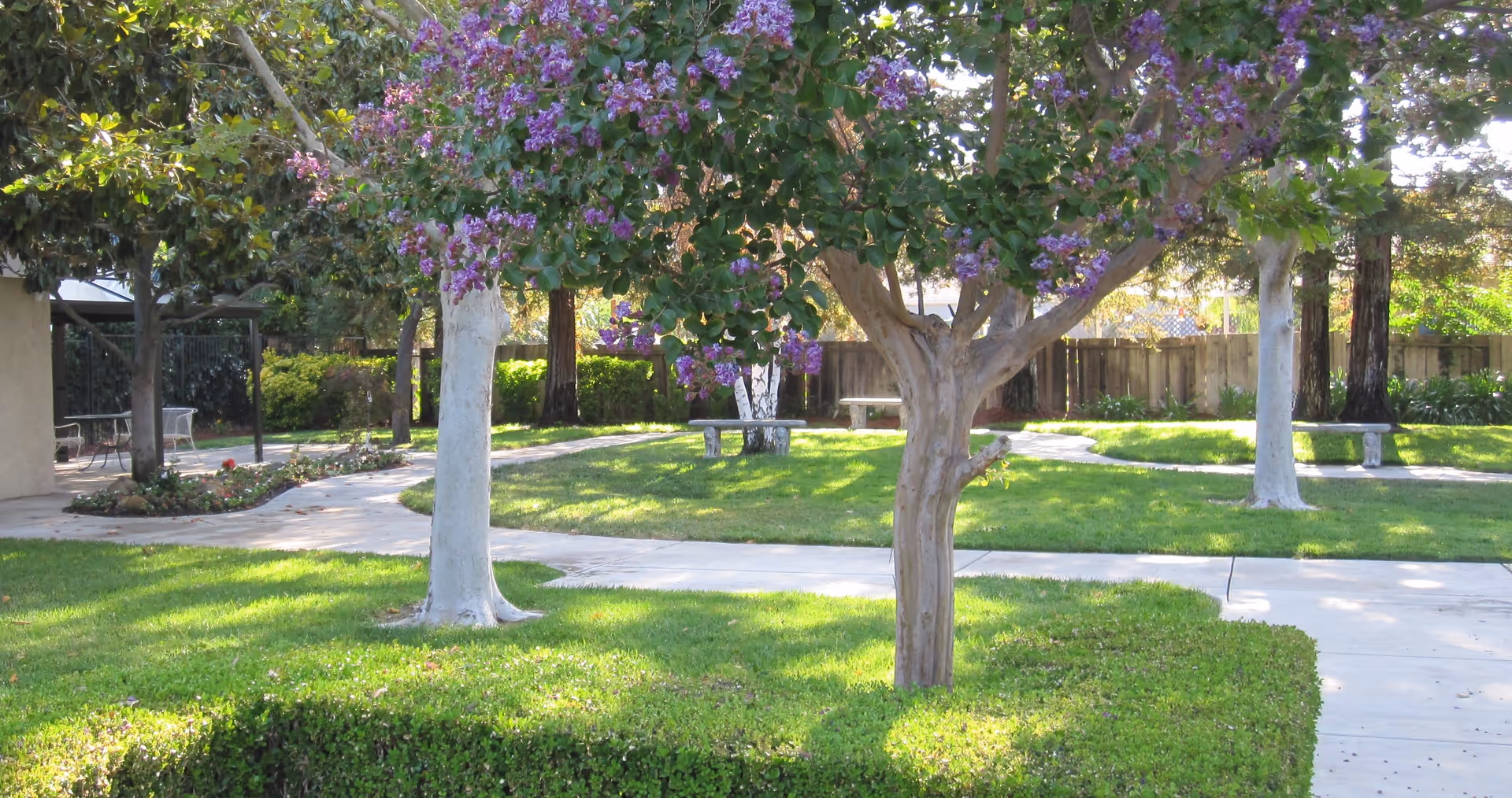 A peaceful outdoor garden area with green grass, trees with purple flowers, concrete walkways, and stone benches. There is a small patio area with metal chairs and a table on the left side, surrounded by bushes and a wooden fence in the background.