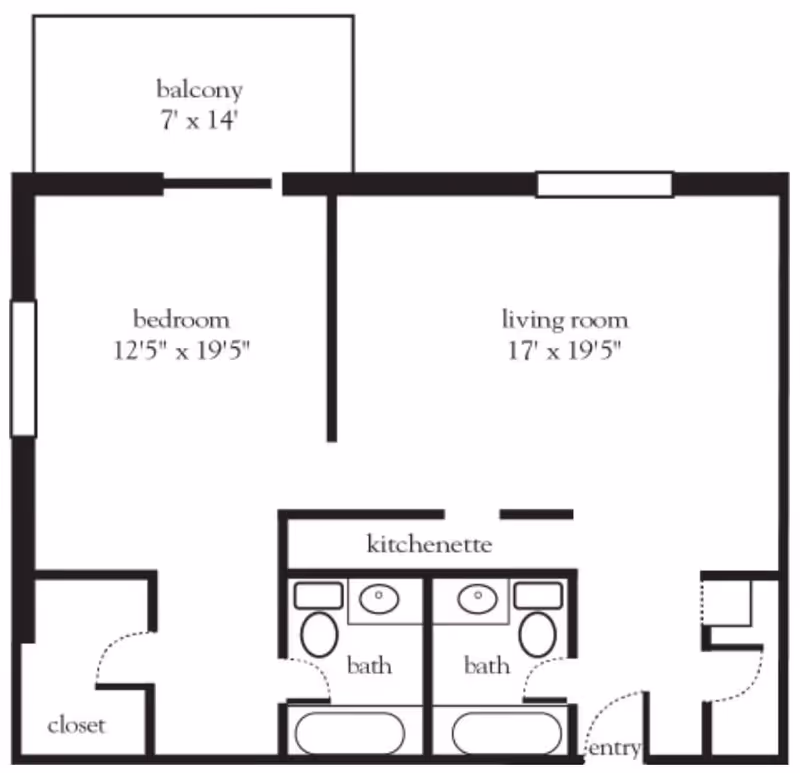 Floor plan of an apartment at Atria Stamford showing a bedroom measuring 12'5" x 19'5", a living room measuring 17' x 19'5", a balcony measuring 7' x 14', a kitchenette, two bathrooms, a closet, and an entry area.