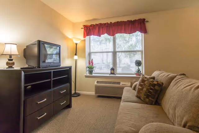 A cozy living room with a beige couch adorned with patterned pillows, a dark wooden TV stand holding an older-style television, a floor lamp and table lamp providing warm lighting, and a window with blinds and a red valance. Below the window is an air conditioning unit with potted plants on the windowsill.
