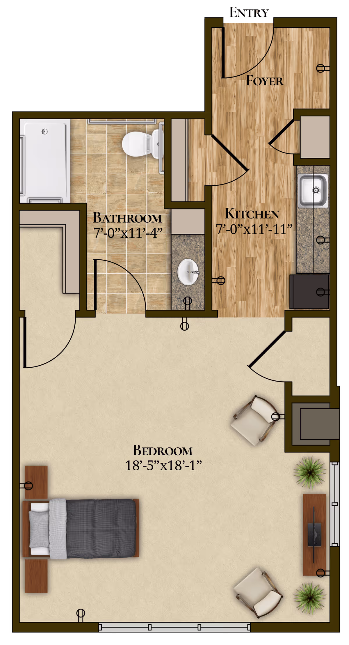 Floor plan of an assisted living unit at The Harmony Collection at Roanoke showing a foyer, kitchen, bathroom, and a large bedroom with furniture including a bed, two chairs, a TV stand, and plants.