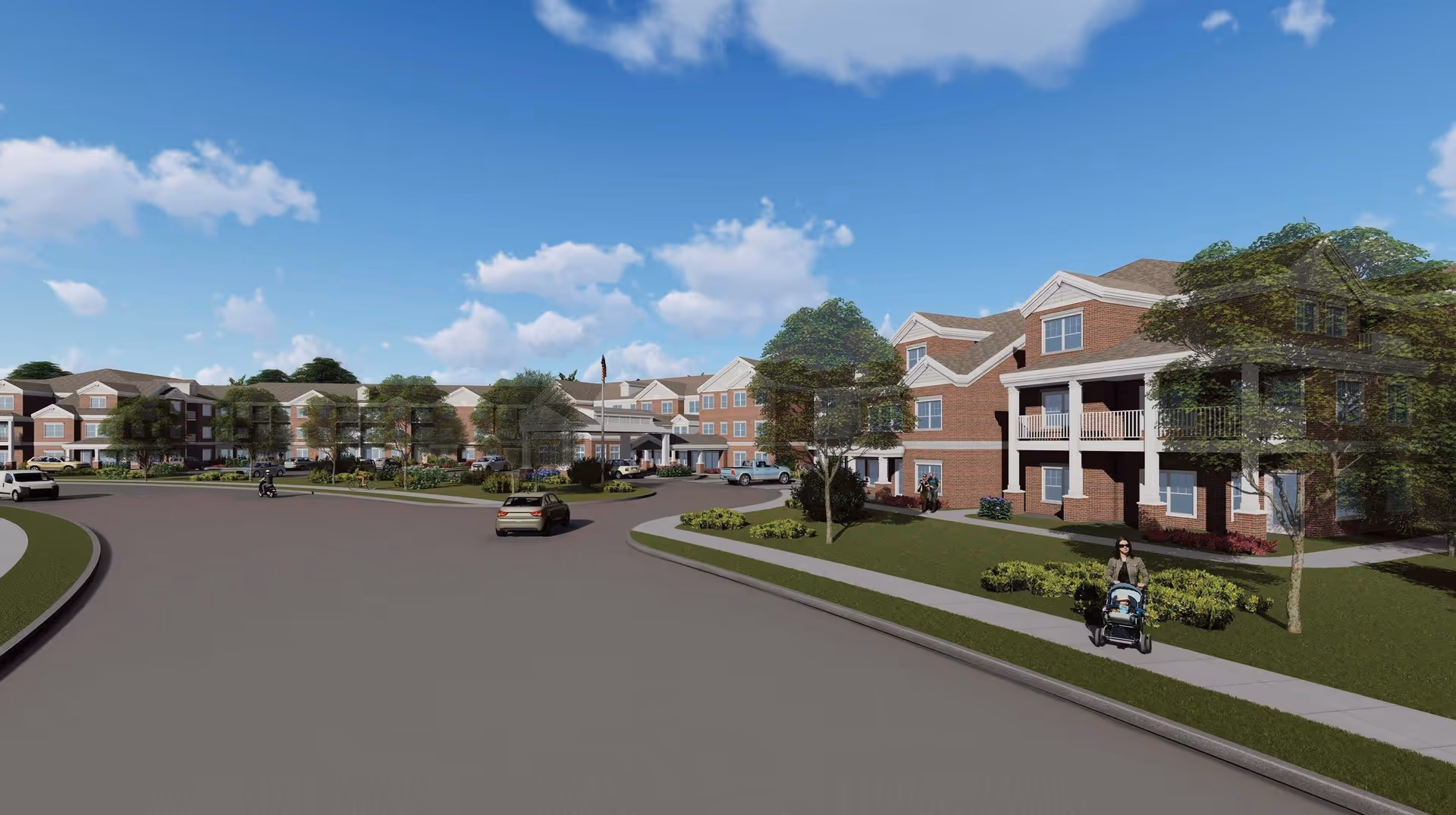 Exterior front view of a multi-story brick senior living complex with driveways, landscaped lawns, trees, and a person pushing a stroller on the sidewalk.