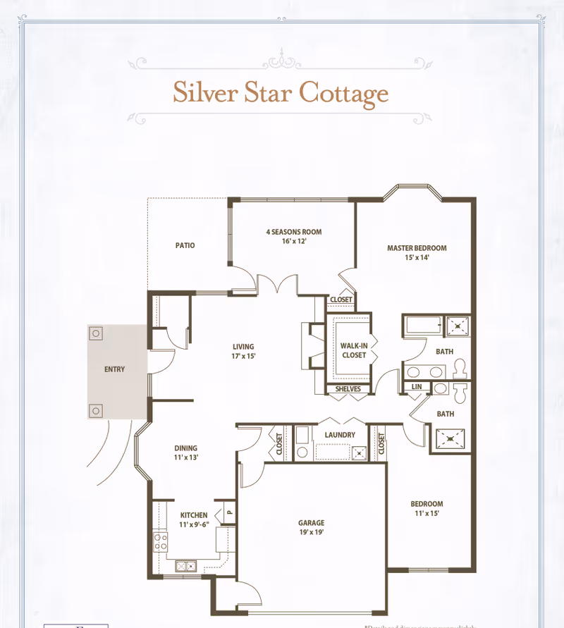 Floor plan titled 'Silver Star Cottage' showing labeled rooms including living room, kitchen, dining, bedrooms, bathrooms, laundry, garage and a patio.