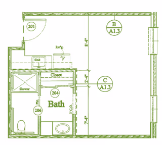 Architectural floor plan of a senior living unit at Summer Village Senior Living, showing a bathroom with a shower, toilet, sink, and closet, along with measurements and labels.