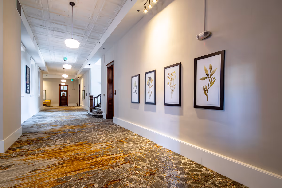 Well-lit interior hallway with patterned carpet, framed botanical prints on the wall, pendant ceiling lights and a door and seating at the far end.