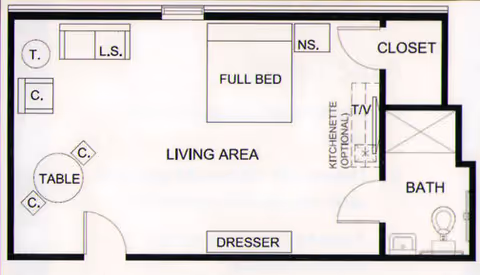 Architectural floor plan of a studio apartment at Cades Center Assisted Living showing a living area with a full bed, dresser, table with chairs, optional kitchenette with TV, closet, and a bathroom with toilet and sink.
