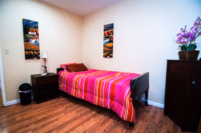 A small bedroom with a single bed covered in a bright pink and orange striped bedspread. The bed has a brown pillow and is positioned against a beige wall. There are two colorful landscape paintings hanging on the wall above the bed. Next to the bed is a dark wooden nightstand with a lamp and a small trash bin on the floor beside it. On the right side of the room, there is a dark wooden dresser with a potted purple orchid on top. The floor is wooden with a natural finish.