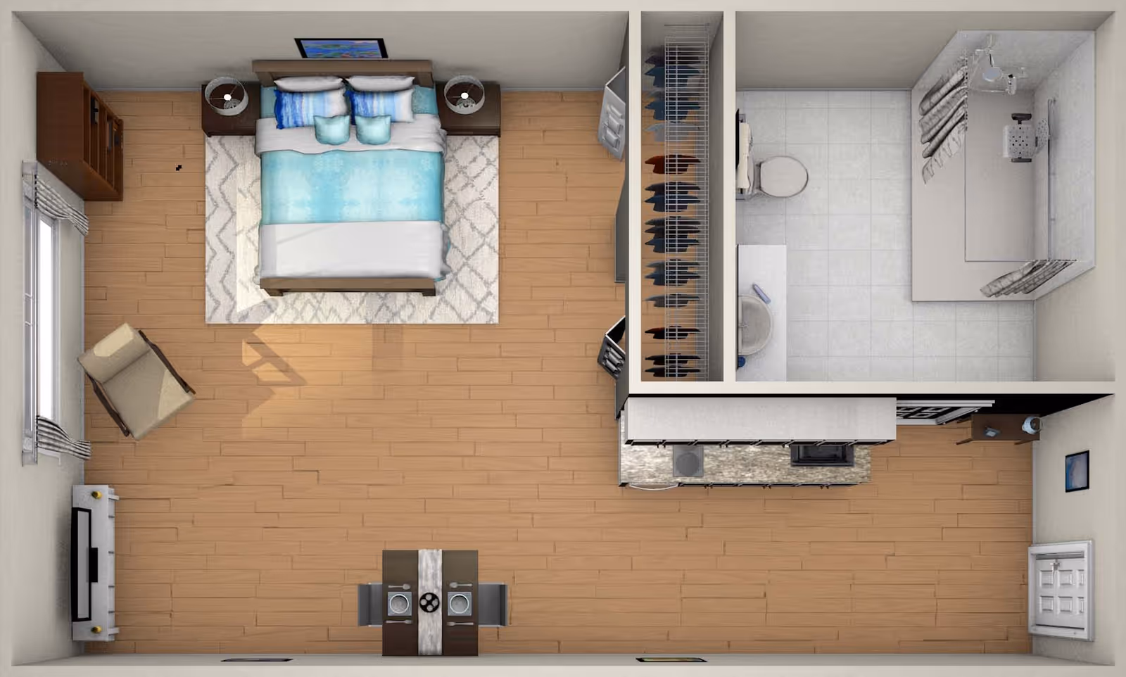 Top-down view of a studio apartment layout featuring a bedroom area with a double bed, two nightstands with lamps, a chair near a window, a dining table set for two, a kitchen area with appliances and cabinets, a closet with hanging clothes, and a bathroom with a shower, toilet, and sink.