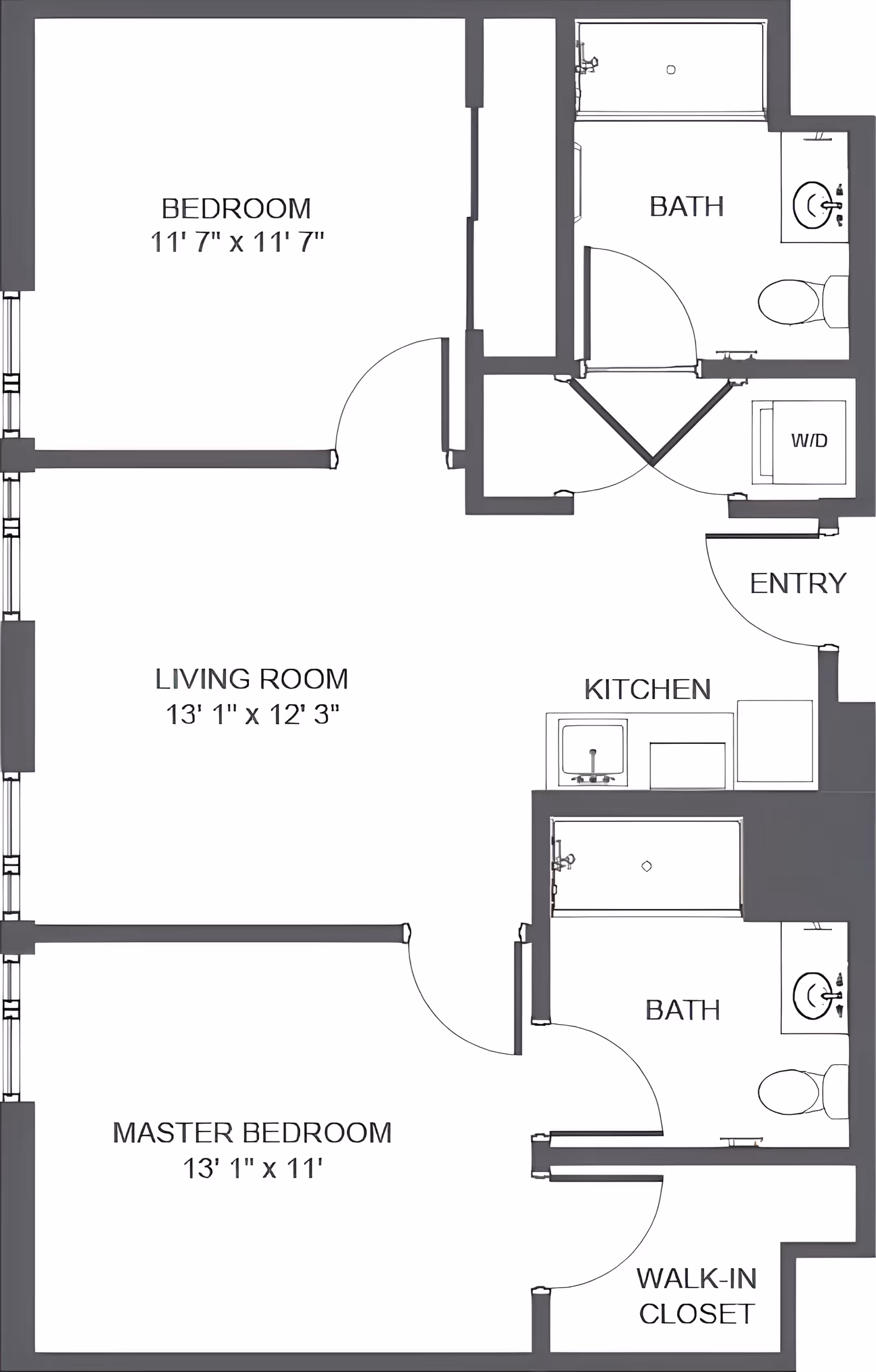 Floor plan of an apartment at Atria At Foster Square showing two bedrooms, two bathrooms, a living room, kitchen, entry, walk-in closet, and washer/dryer area with dimensions for each room.