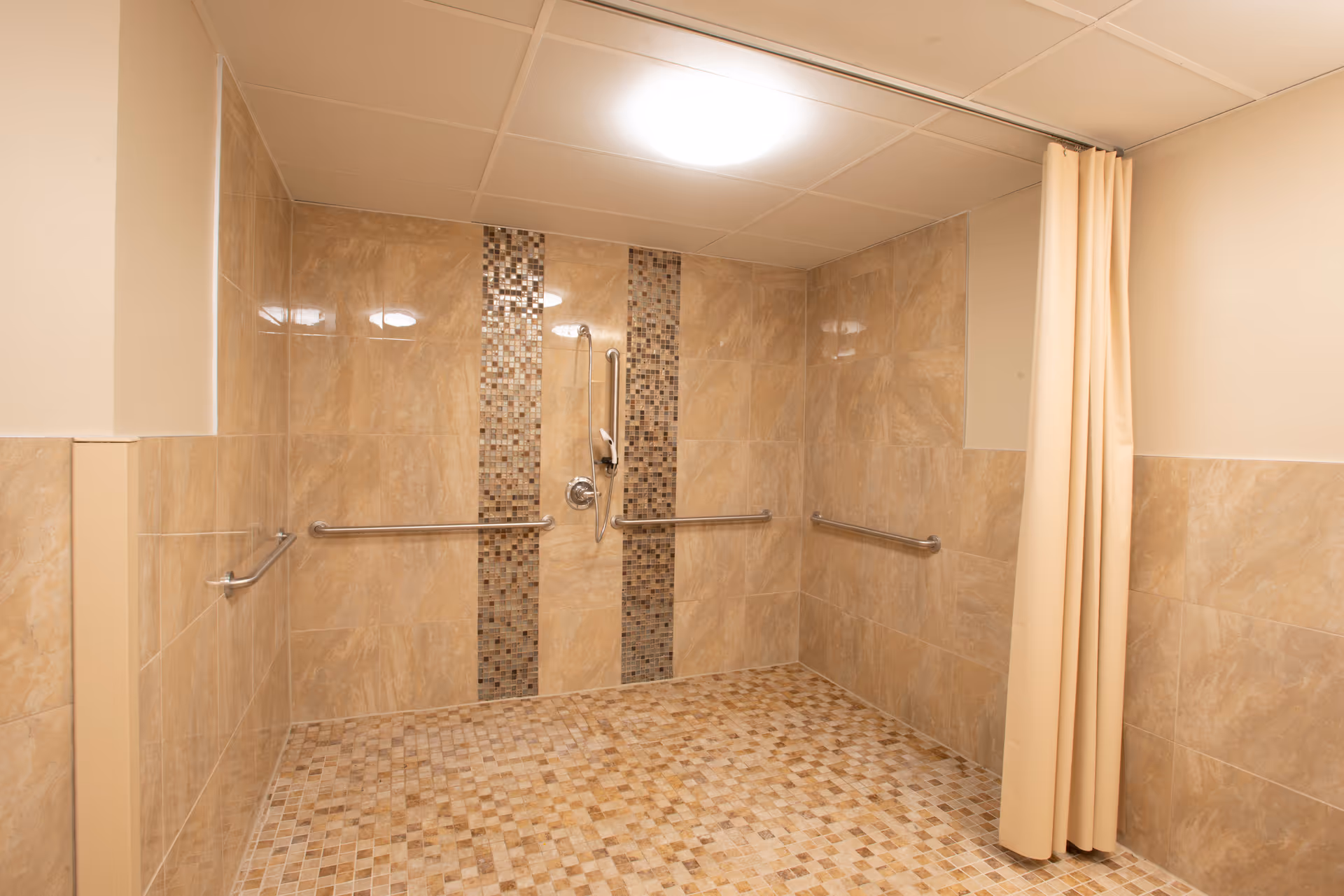 Accessible tiled shower area with grab bars, handheld showerhead, mosaic tile accents and a privacy curtain.