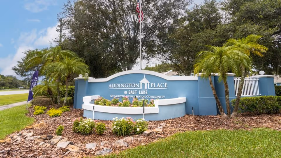 Entrance sign for Addington Place of East Lake, an assisted living senior community, surrounded by landscaped greenery, palm trees, and a blue sky with some clouds.