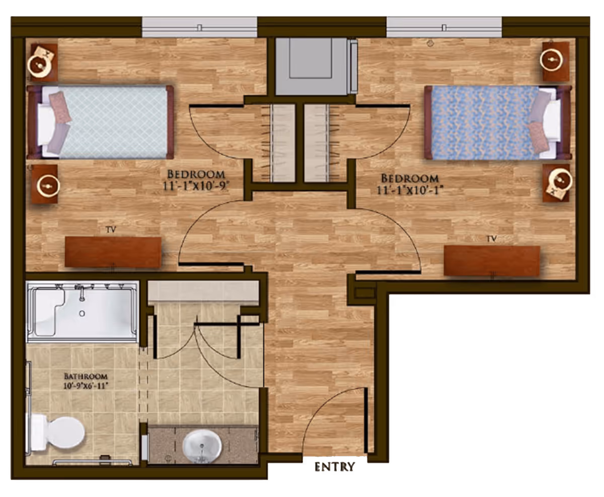 Floor plan of a living space at Harmony at Brentwood showing two bedrooms, each with a bed, nightstands, and a TV. The bedrooms are labeled with dimensions 11'-1"x10'-9" and 11'-1"x10'-1". There is a bathroom with a toilet, sink, and bathtub, labeled 10'-9"x6'-11". The entry door leads into a small hallway connecting the rooms.