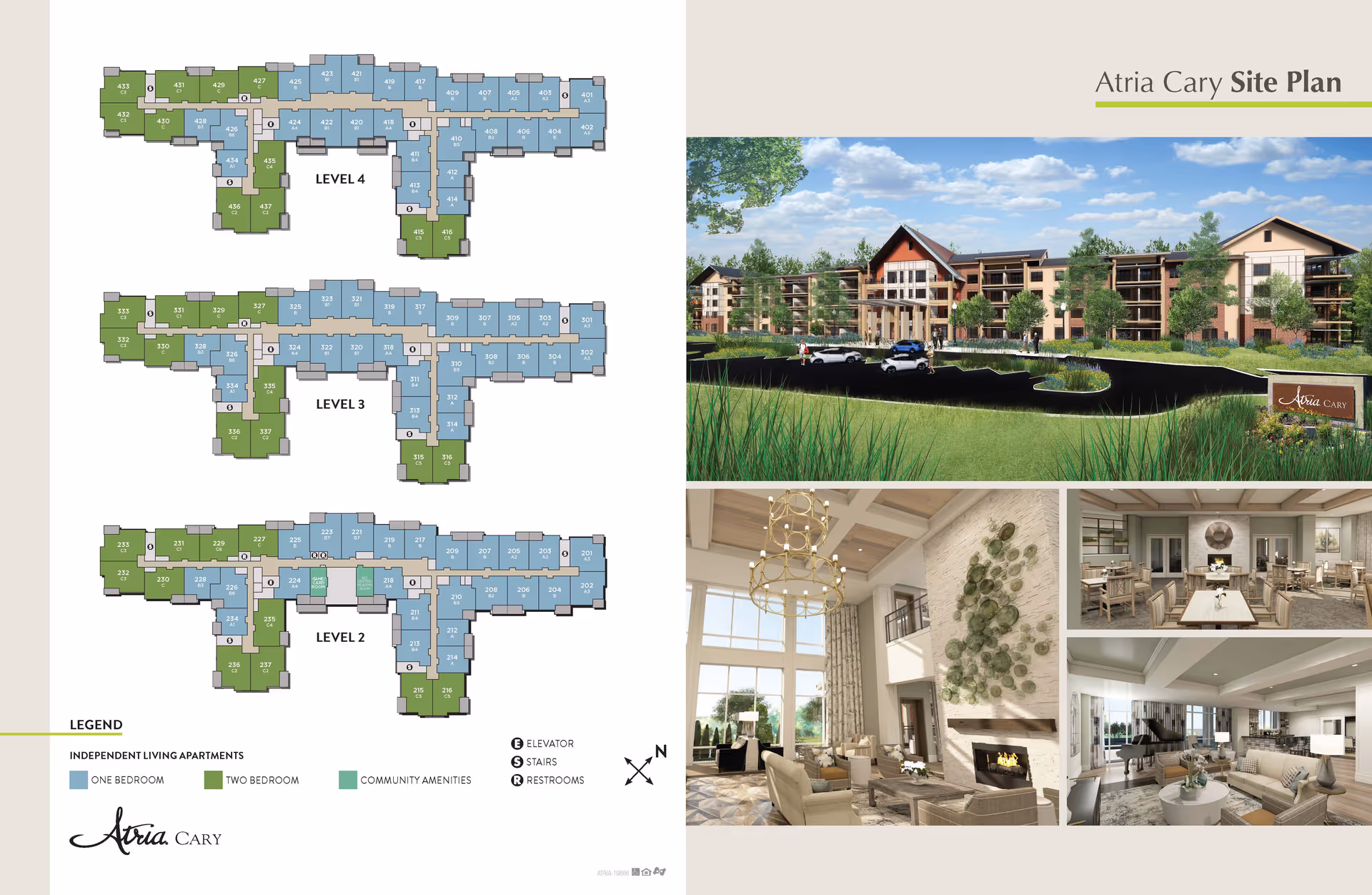 Site plan for Atria Cary showing floor layouts for levels 2, 3, and 4 with color-coded one-bedroom and two-bedroom independent living apartments and community amenities. The right side features an exterior view of the building with a parking area and landscaped greenery, along with three interior images showing a spacious living room with a fireplace, a dining area with tables and chairs, and a lounge area with a piano and seating.