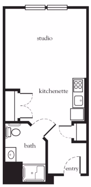 Floor plan of a studio apartment at Atria Fairhaven showing an entry area leading to a kitchenette with a stove and sink, a bathroom with a toilet, sink, and shower, and a main studio living space.