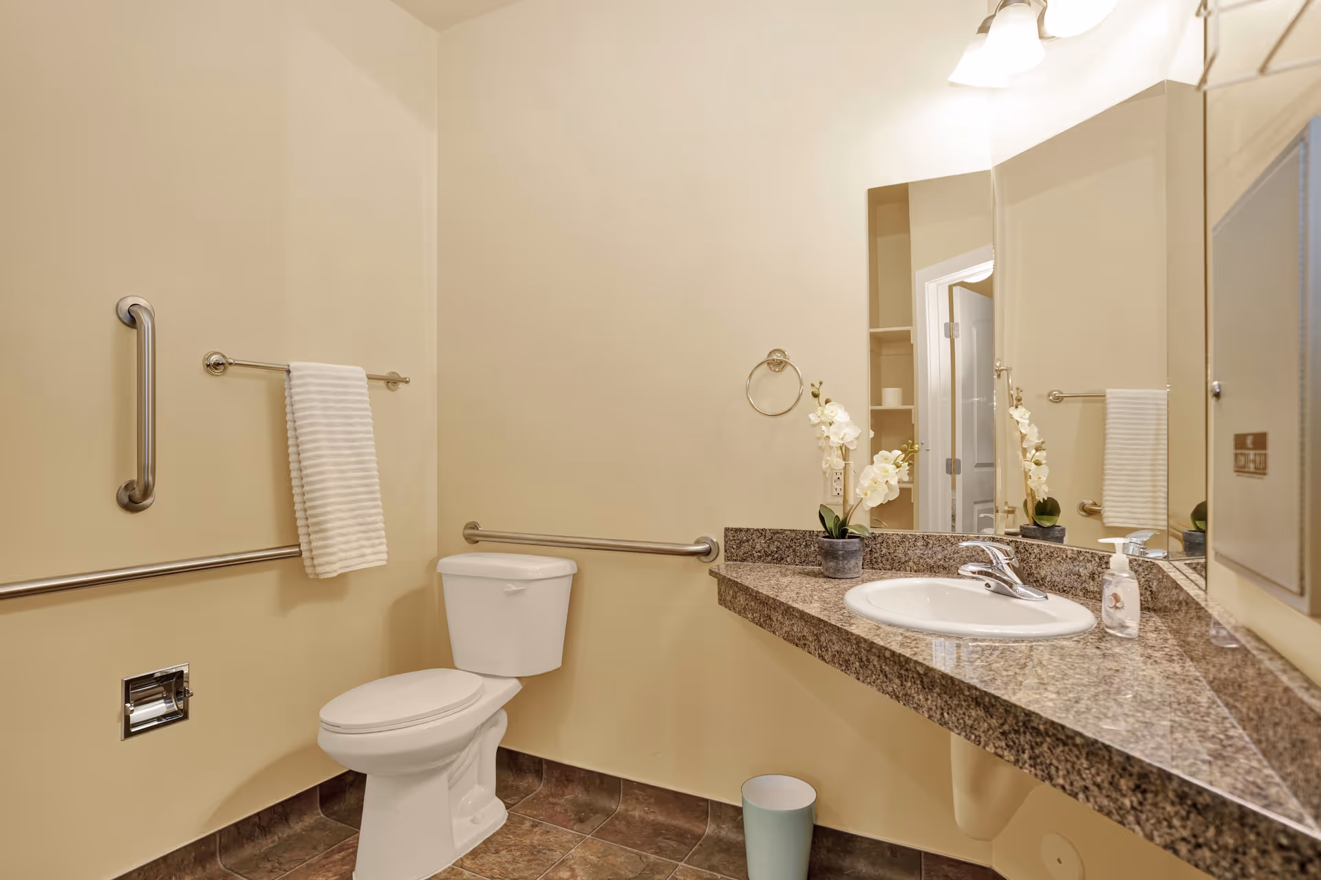 A clean and accessible bathroom with beige walls, a white toilet, a granite countertop with a sink, a small potted orchid plant, a soap dispenser, and a large mirror. There are metal grab bars on the walls and a white towel hanging on a towel rack. The floor has brown tiles.