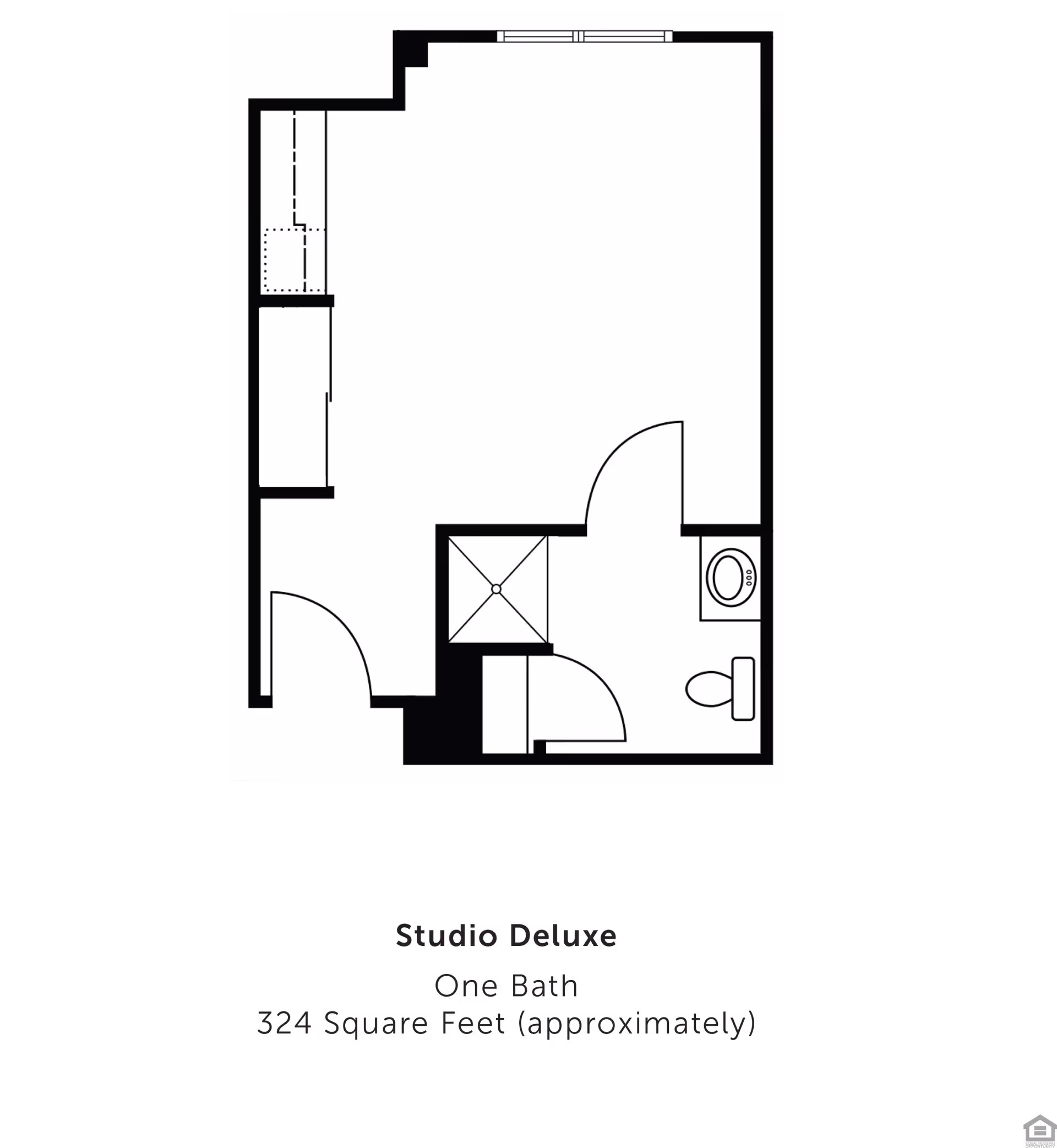 Floor plan of a Studio Deluxe apartment with one bathroom, approximately 324 square feet. The layout includes an entry door leading into a combined living and sleeping area, a kitchenette along one wall, and a separate bathroom with a shower, toilet, and sink.