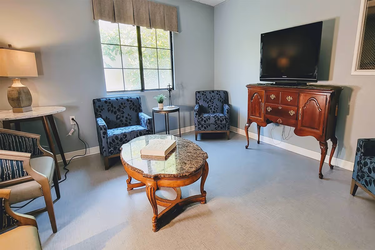 Small living room with patterned armchairs around a marble-top coffee table and a TV on a wooden cabinet.