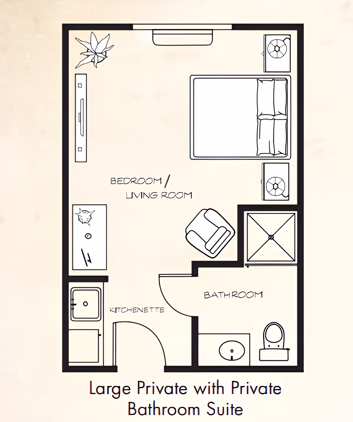 Black-and-white floor plan of a large private suite showing a combined bedroom/living room, kitchenette, and private bathroom.