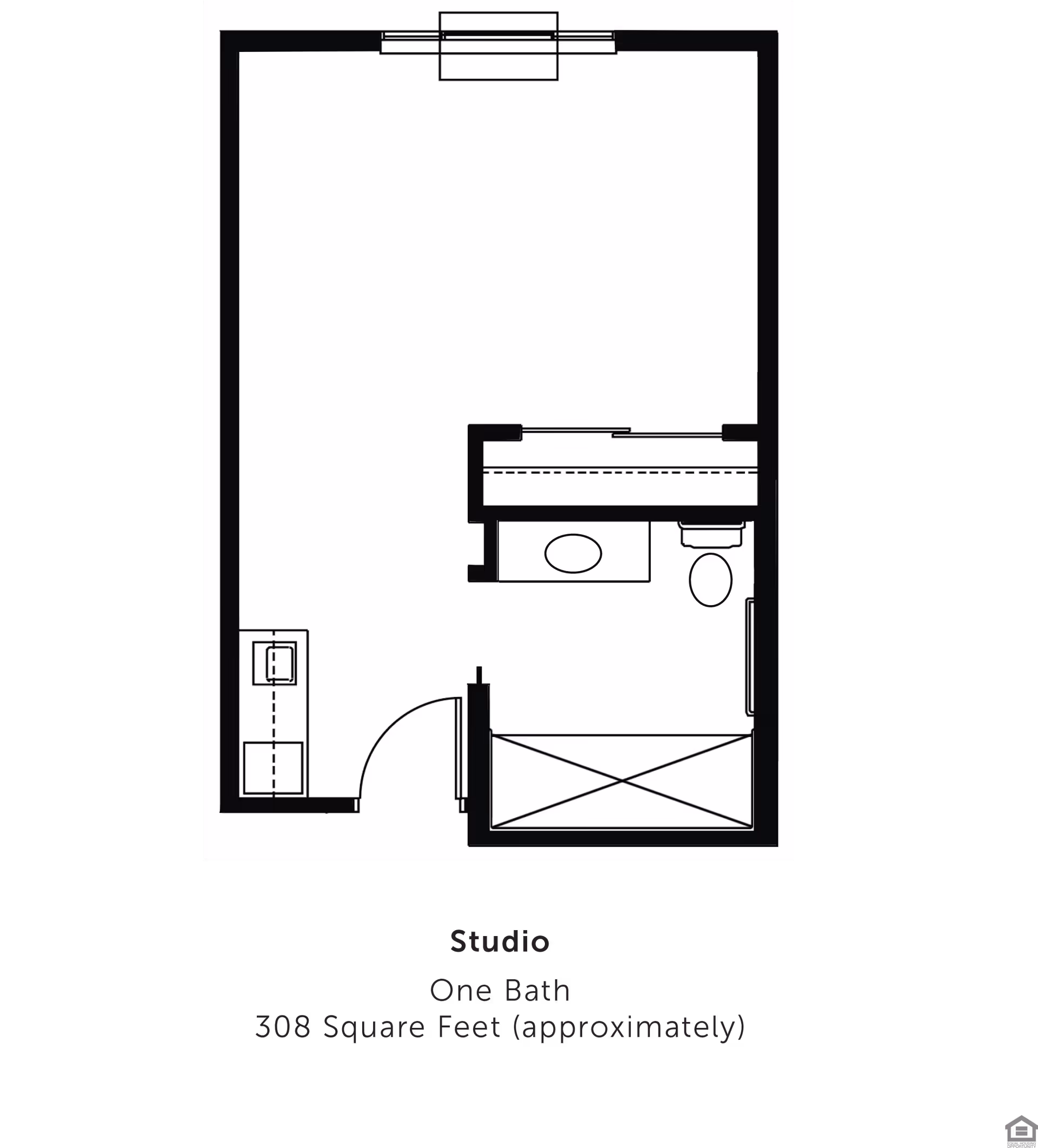 Architectural floor plan of a studio apartment with one bathroom, approximately 308 square feet. The layout includes a main living area, a small kitchen area near the entrance, and a bathroom with a toilet and sink.