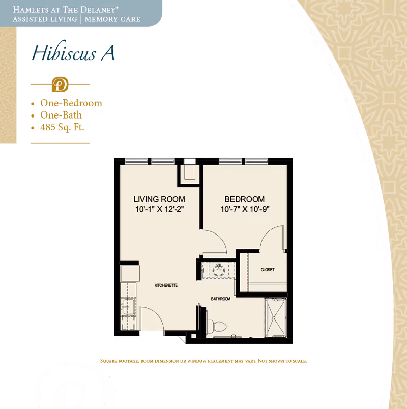 Graphic floor plan titled 'Hibiscus A' showing a one-bedroom, one-bath 485 sq. ft. layout with labeled living room, bedroom, kitchenette, closet and bathroom.