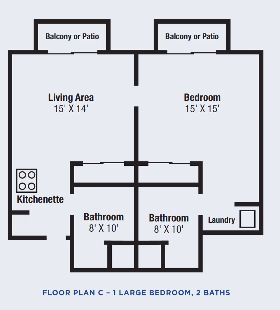 A labeled floor plan titled 'Floor Plan C' showing a living area, one large bedroom, kitchenette, two bathrooms, laundry, and two balconies.