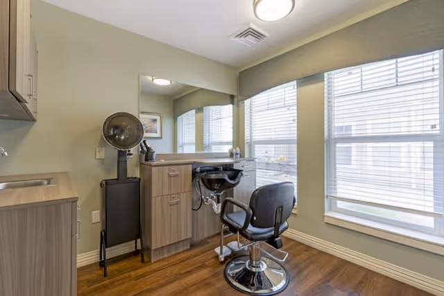 Small hair‑styling room with a salon chair, wash basin, hood dryer and a large mirror beside bright windows.