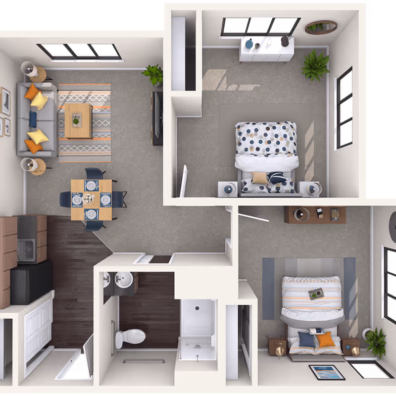 Top-down view of a two-bedroom apartment floor plan featuring a living room with a sofa, coffee table, and TV, a dining area with a table set for four, a kitchen with appliances and cabinetry, a bathroom with a toilet, sink, and shower, and two bedrooms each with a bed, nightstands, and windows.