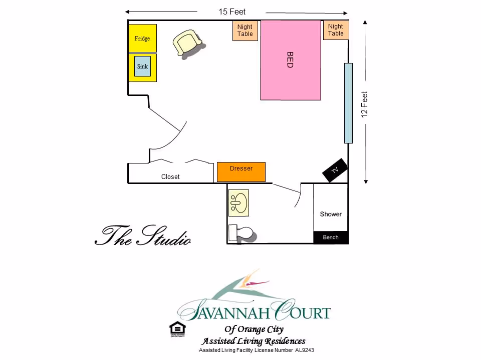 Floor plan of a studio apartment at Savannah Court of Orange City showing a 15 by 12 feet layout with a bed, two night tables, dresser, closet, fridge, sink, chair, TV, shower with bench, toilet, and sink.