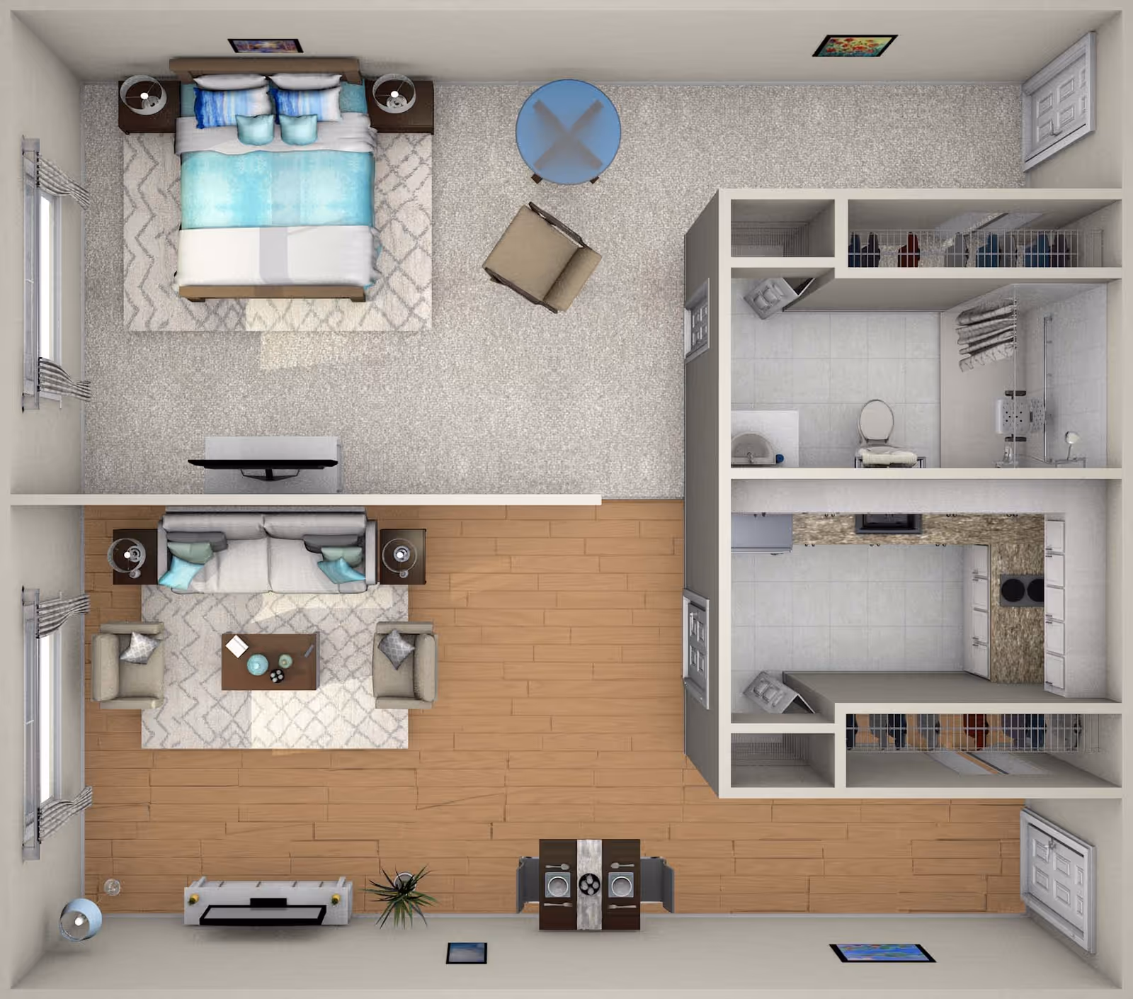 Top-down view of a one-bedroom apartment floor plan at Bayside Terrace, featuring a bedroom with a bed, nightstands, and a chair; a living room with a sofa, two armchairs, a coffee table, and a TV; a kitchen with appliances and countertops; a bathroom with a toilet, sink, and shower; and a small dining area with a table and two chairs.
