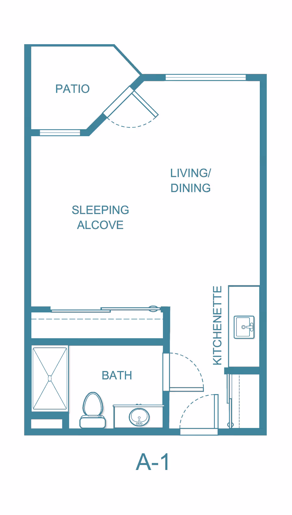 Floor plan of a senior living studio apartment labeled A-1, featuring a patio, sleeping alcove, living/dining area, kitchenette with a sink, and a bathroom with a shower, toilet, and sink.