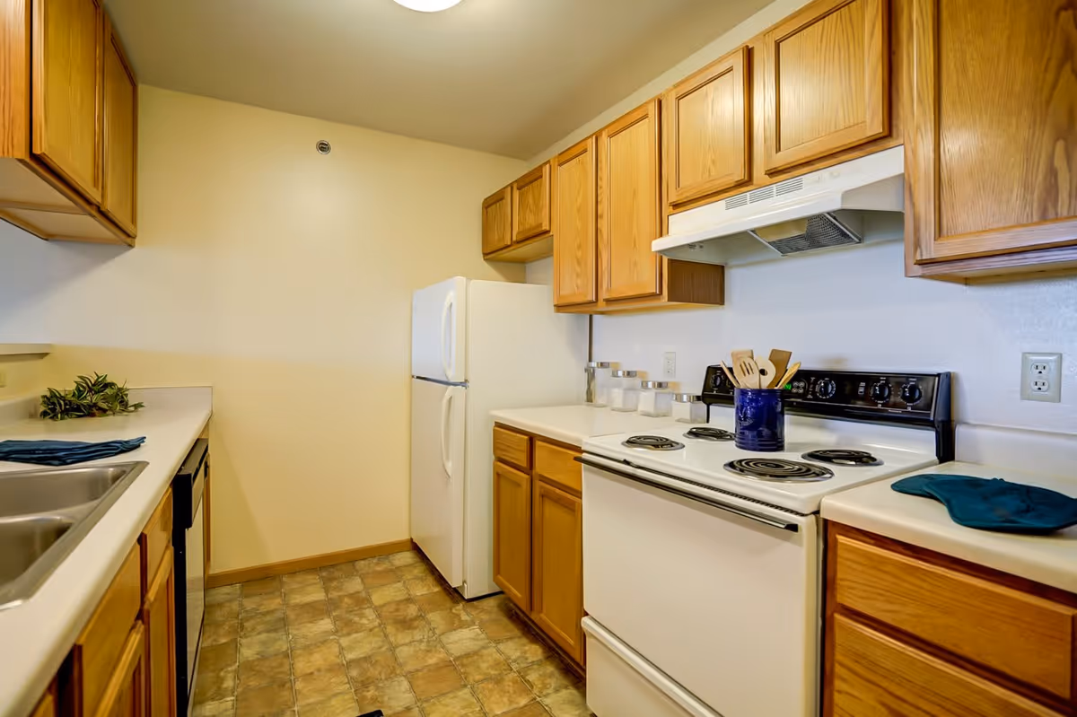 A clean kitchen with wooden cabinets, a white refrigerator, a white electric stove with a range hood, a double sink, and a countertop with kitchen utensils and containers. The floor has a patterned tile design.