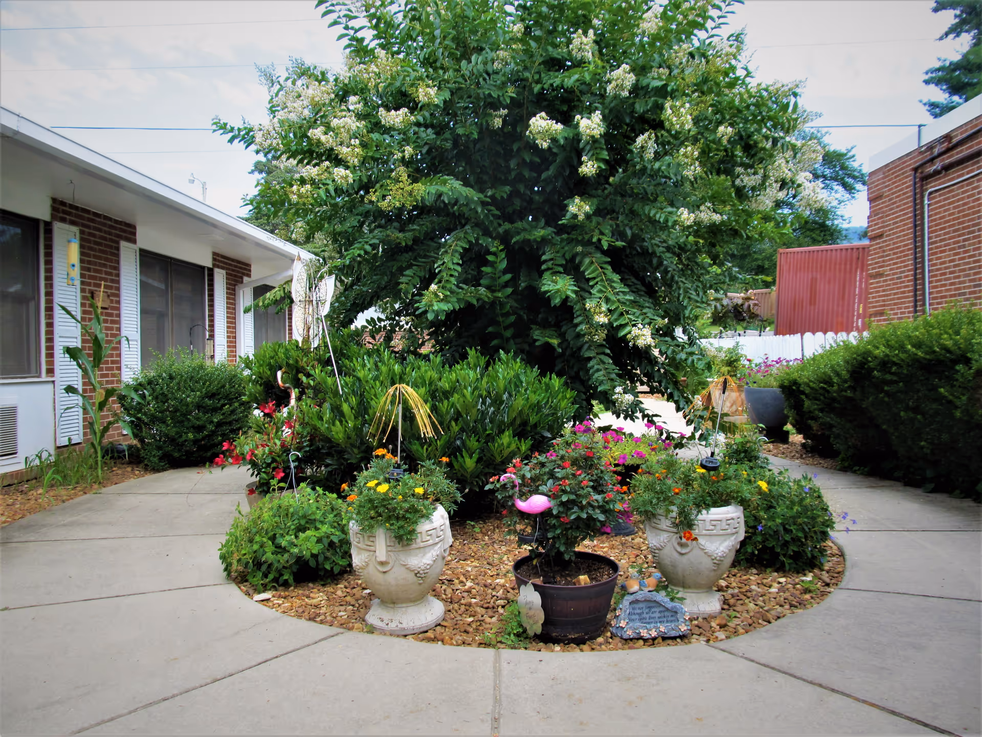 A garden area with various flowering plants and shrubs surrounded by a concrete walkway. The garden includes two large decorative white planters and one smaller dark planter with colorful flowers. Behind the garden is a large leafy tree and brick buildings on either side.