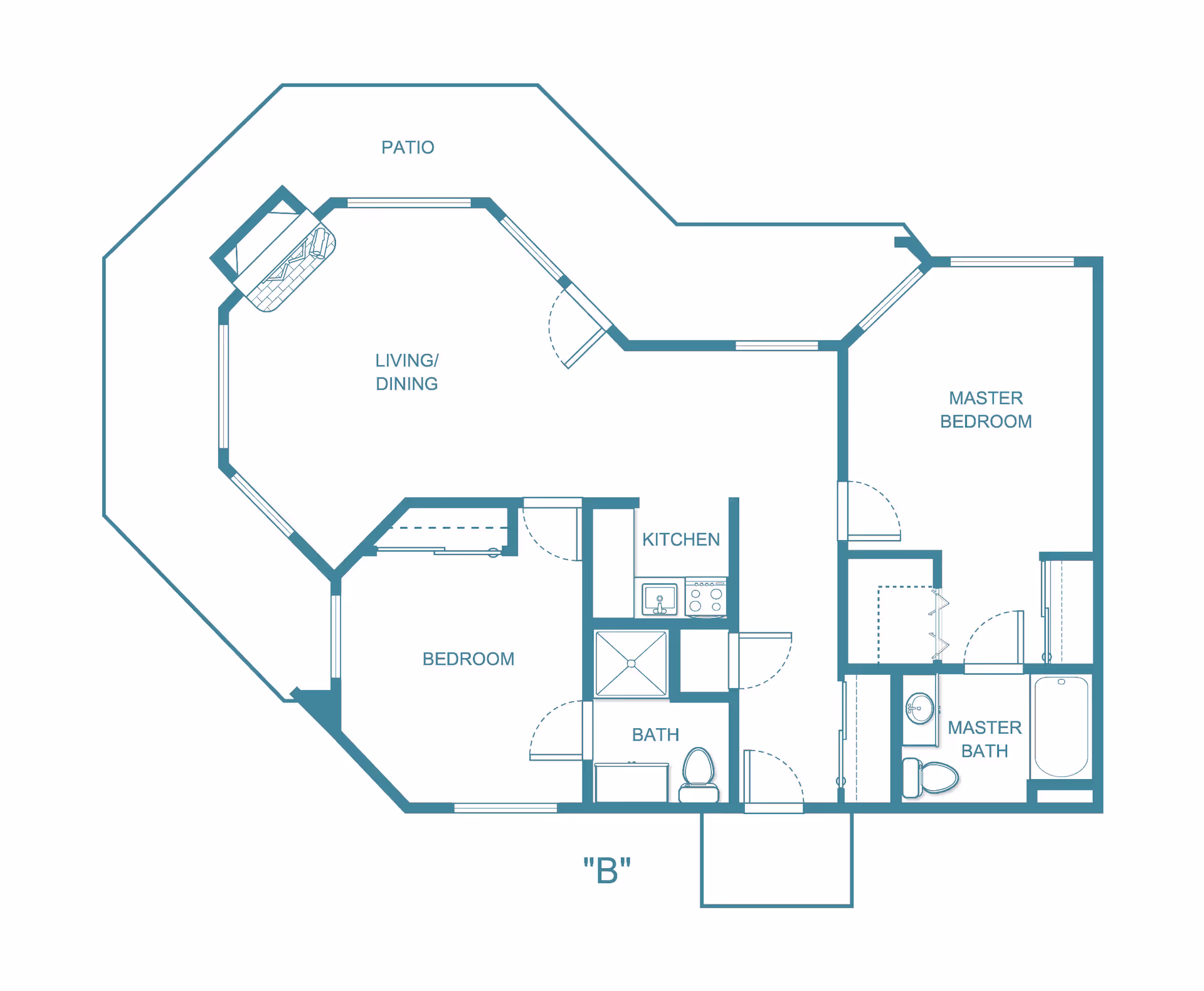 Architectural floor plan of a residential unit labeled 'B' showing a patio, living/dining area, kitchen, bedroom, bath, master bedroom, and master bath.